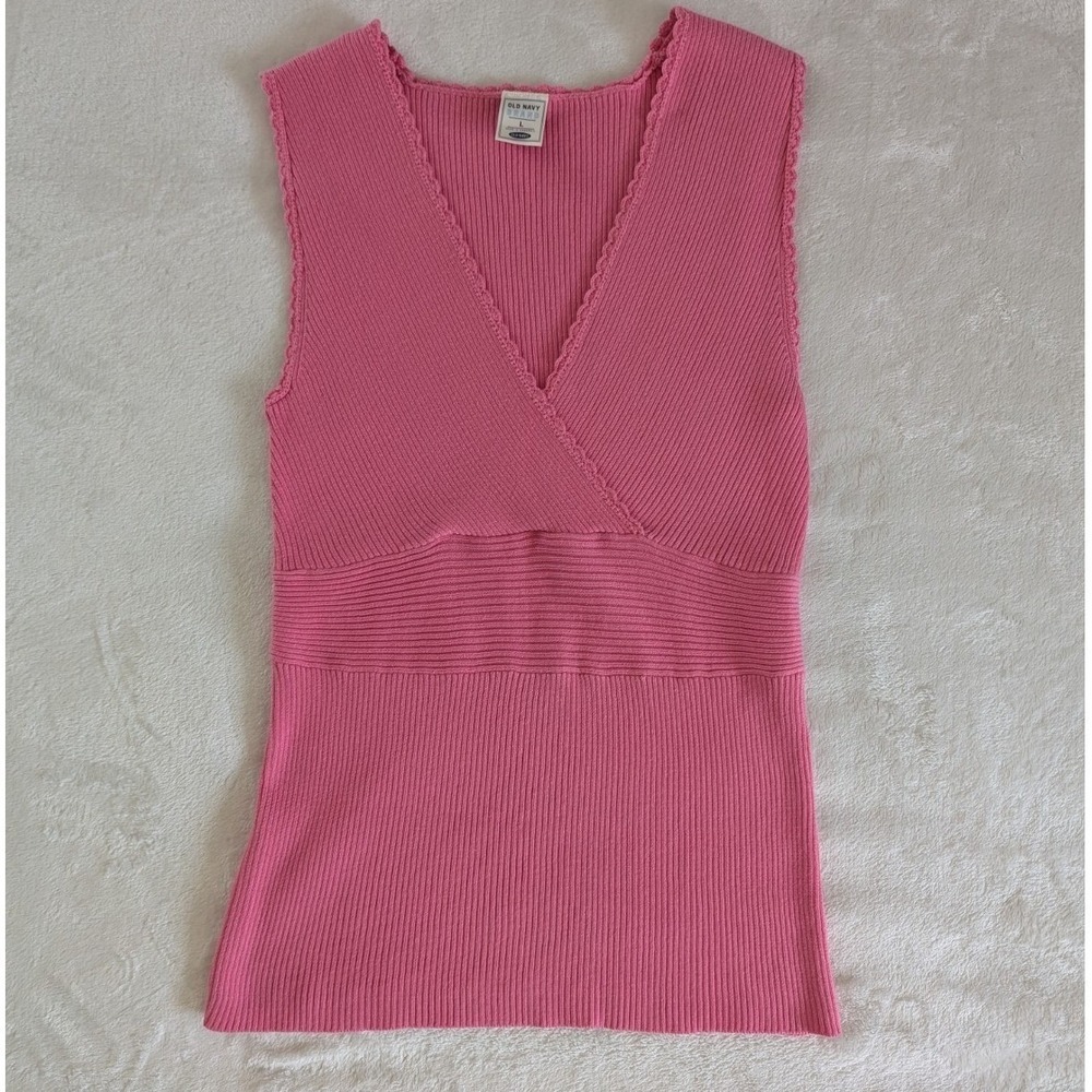 Vtg Old Navy Sleeveless Knit Babydoll Top Pink Ribbed V-Neck Empire Waist Sz L
